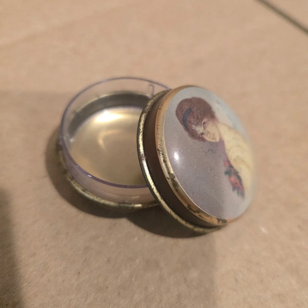 Vintage Violet Cachous Candy Tin Decorative Portrait Lady Floral Brass Metal